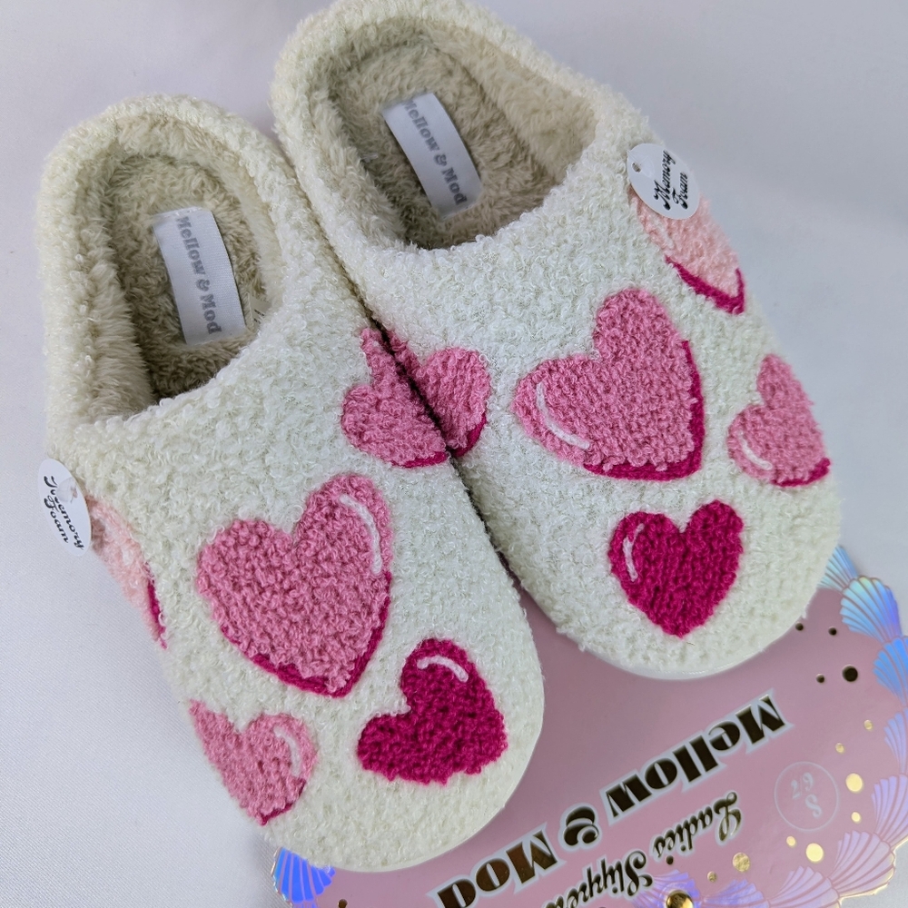 Hearts Slippers Sherpa Upper Fleece Memory Foam Slip On Ivory Pink L (8/9) NWT